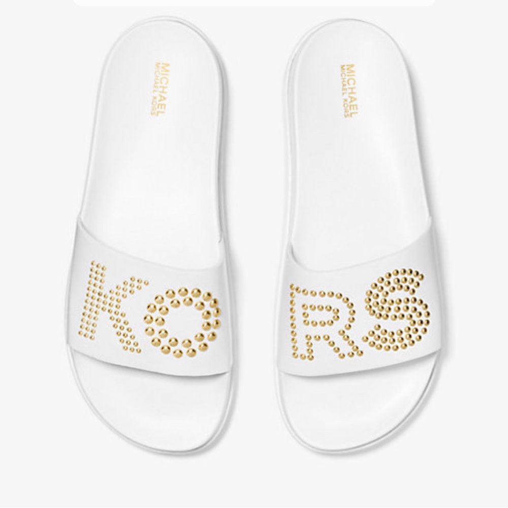MICHAEL KORS WHITE AND GOLD GIILMORE SLIDE SANDALS SIZE 9